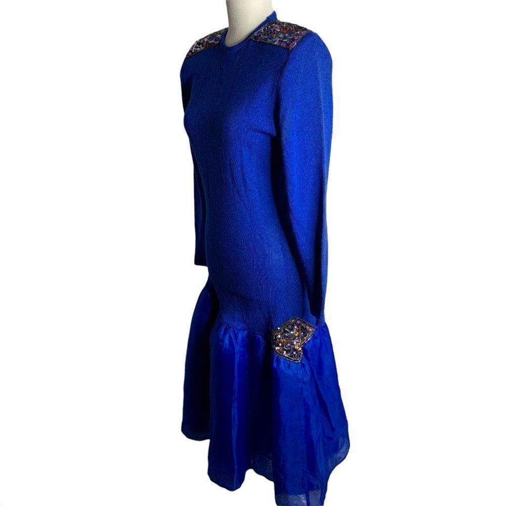 Vintage Donna Michele Dropped Waist Dress S Blue Knit Sequin Tulle Petti Skirt - Picture 7 of 10